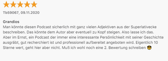 Fünf gelbe Sterne, das Datum 09.11.2020, der Titel „Grandios“ und ein deutscher Textbeitrag mit einem Emoji am Ende.